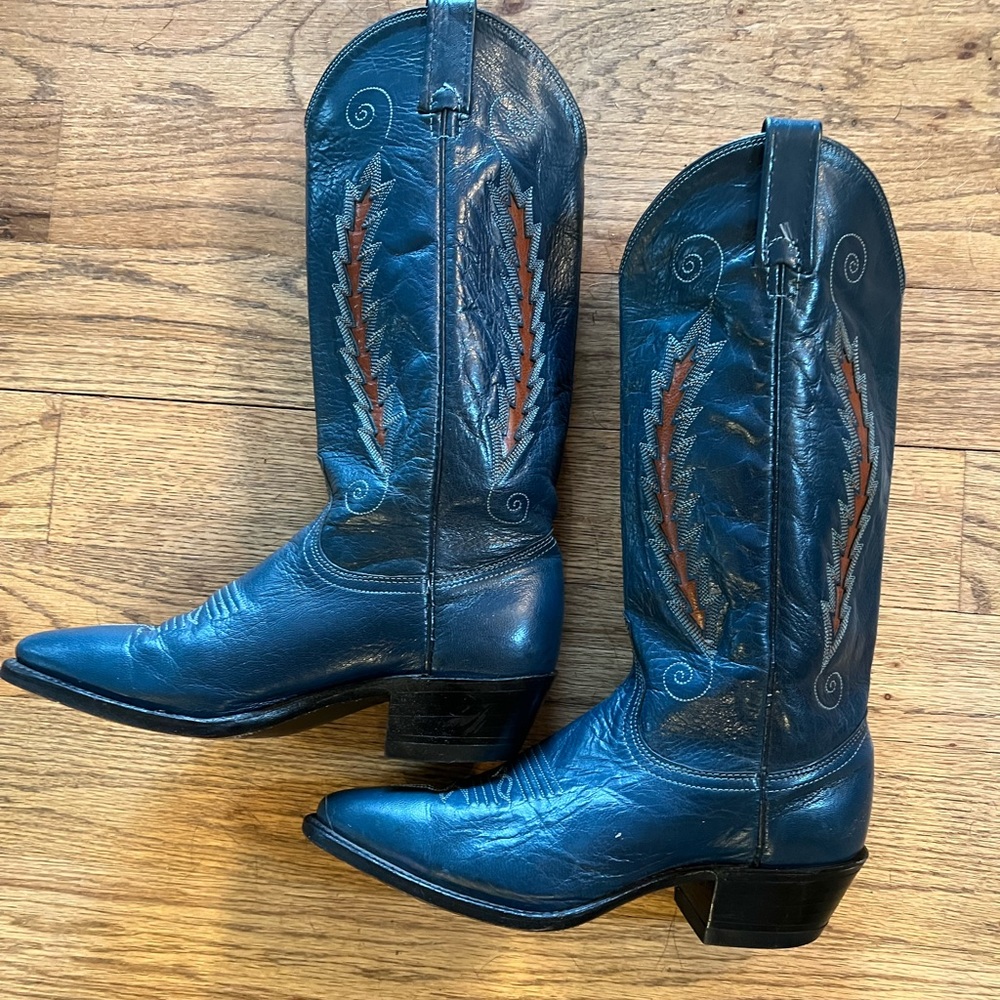 Dan Post Womens 6.5 Leather Western Boots Blue Red/Orange Flame Used lightly